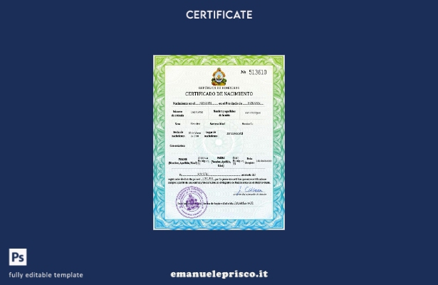 certificato di nascita dell'Honduras in stile verificato nel modello spagnolo